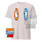 White dimension portal penguin tee featuring penguins jumping through red and blue portals