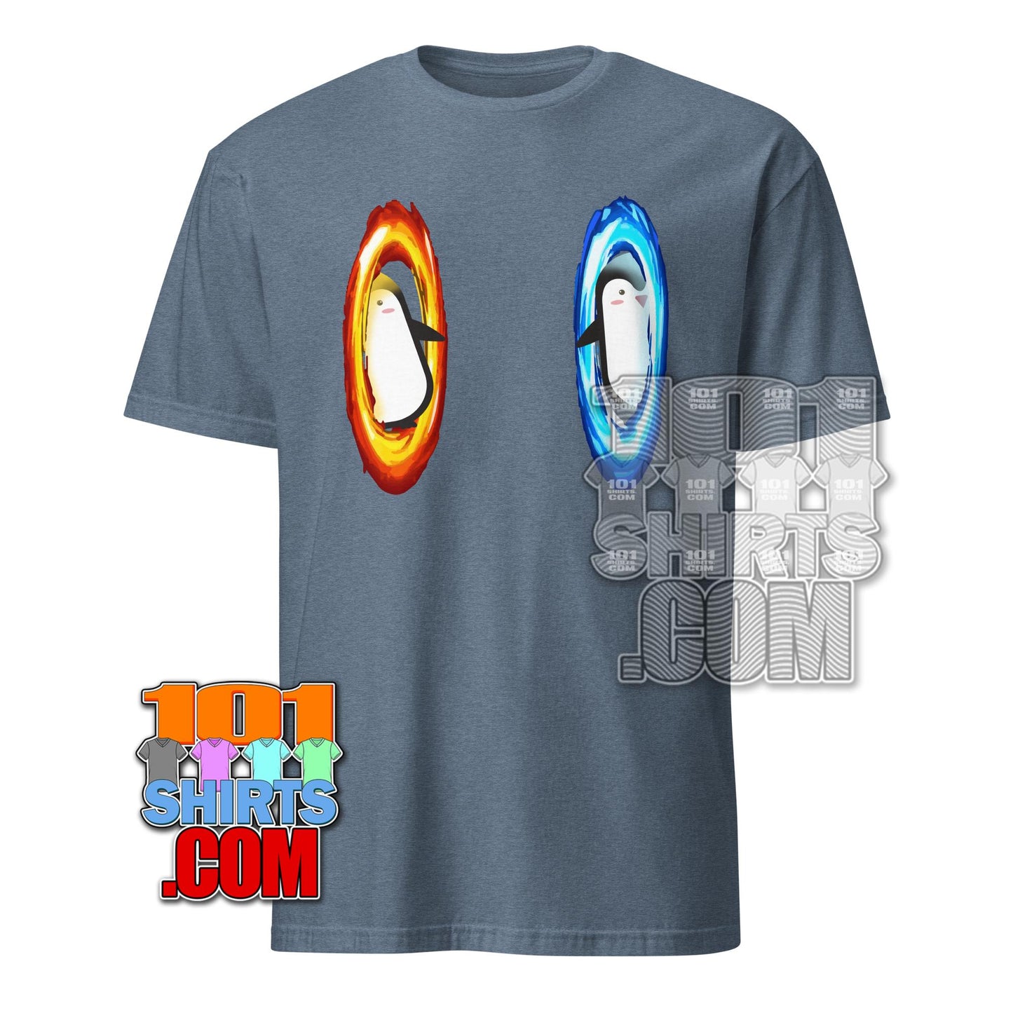 101SHIRTS dimension portal penguin tee with penguins inside blue and orange portals on grey T-shirt
