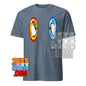 101SHIRTS dimension portal penguin tee with penguins inside blue and orange portals on grey T-shirt