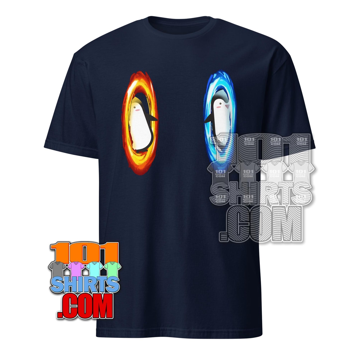 Dimension portal penguin tee by 101SHIRTS navy blue t-shirt with colorful penguin portals