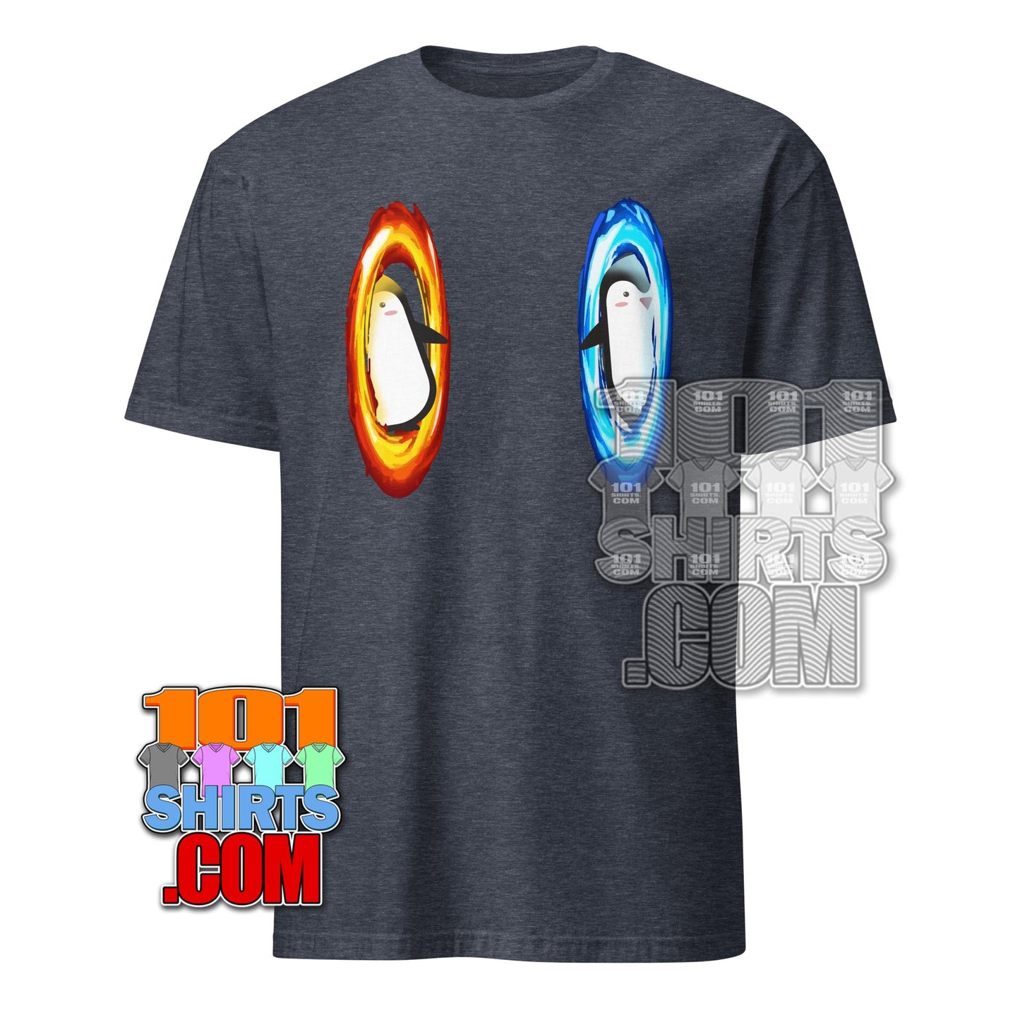 Dimension portal penguin tee by 101SHIRTS featuring two penguins in red and blue portals on a dark gray t-shirt
