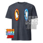 Dimension portal penguin tee by 101SHIRTS featuring two penguins in red and blue portals on a dark gray t-shirt