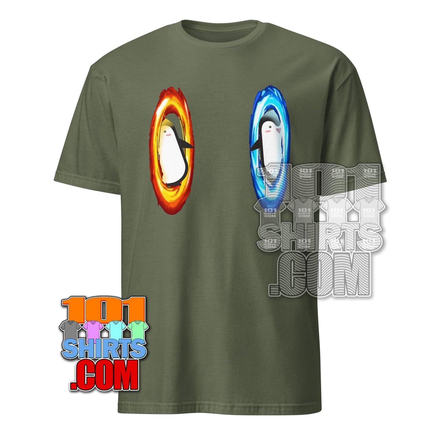 Dimension portal penguin tee by 101SHIRTS olive green shirt with two penguins entering red and blue portals