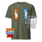 Dimension portal penguin tee by 101SHIRTS olive green shirt with two penguins entering red and blue portals