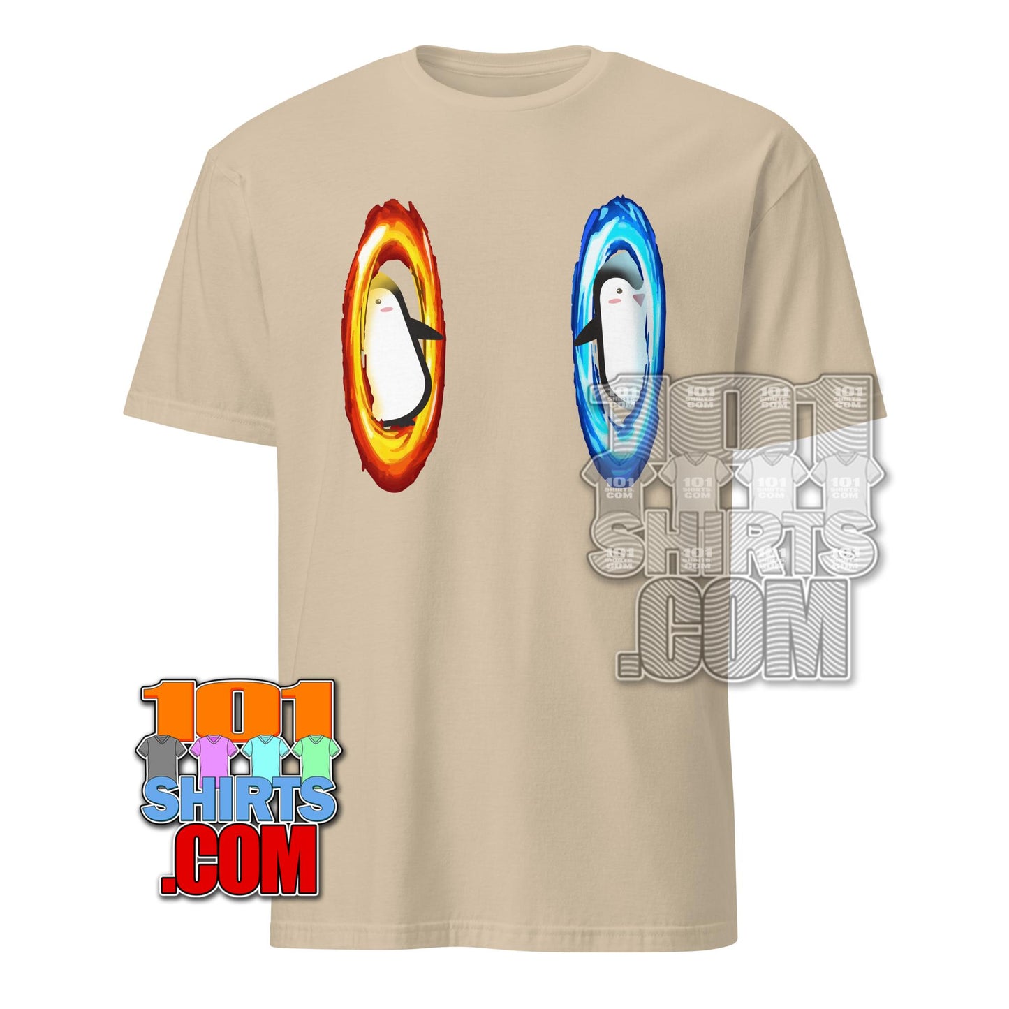 Beige 101SHIRTS dimension portal penguin tee with penguin coming out of fiery and icy portals