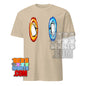 Beige 101SHIRTS dimension portal penguin tee with penguin coming out of fiery and icy portals