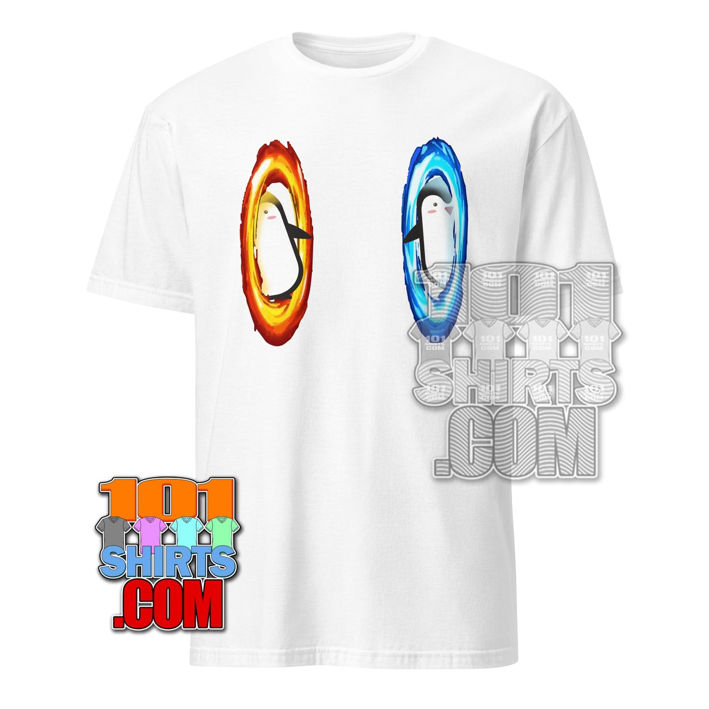 White 101SHIRTS t-shirt featuring dimension portal penguin tee design with penguins in red and blue portals