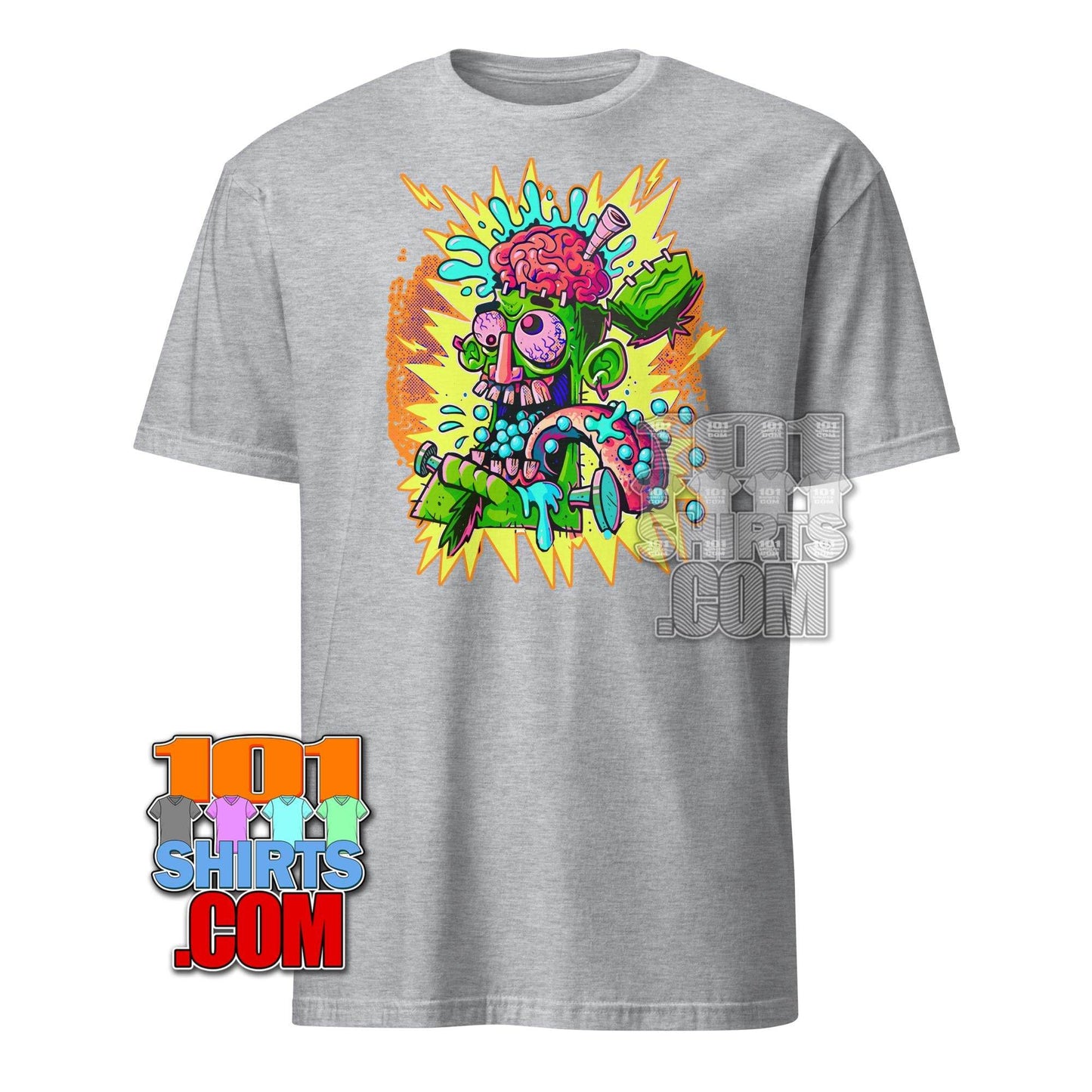 Gray cheugy meme t-shirt featuring colorful cartoon brain and skeleton graphic by 101SHIRTS