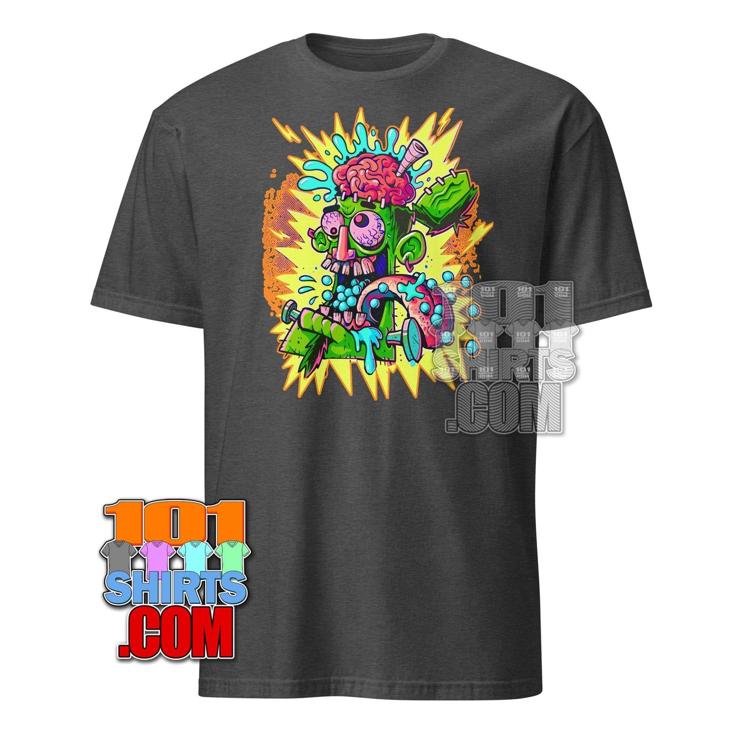 Dark gray cheugy meme t-shirt with colorful cartoon brain and lightning graphic by 101SHIRTS