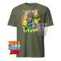 Olive green cheugy meme t-shirt with colorful graphic design of a quirky cartoon brain character