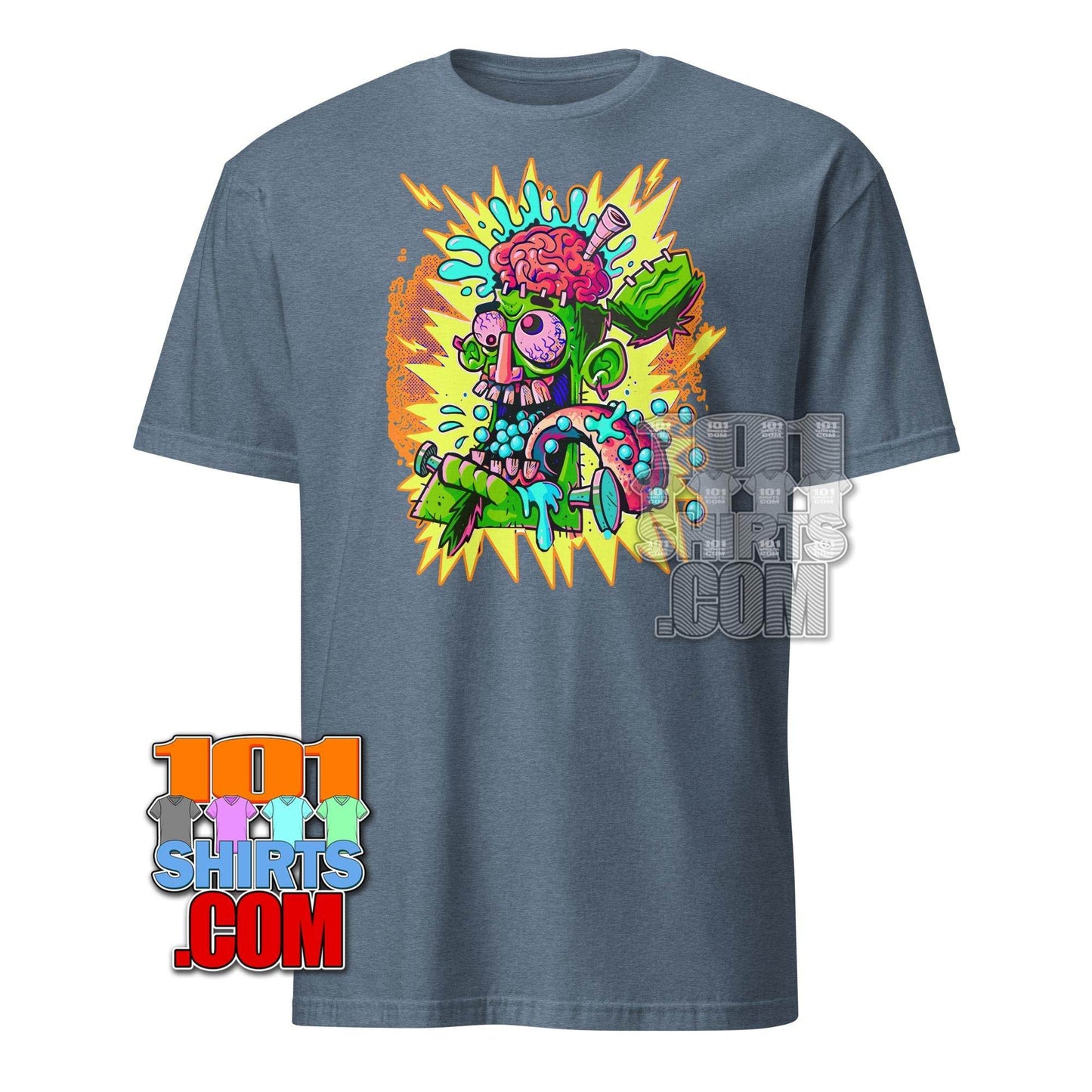 Cheugy meme t-shirt by 101SHIRTS with colorful cartoon zombie brain graphic on blue tee