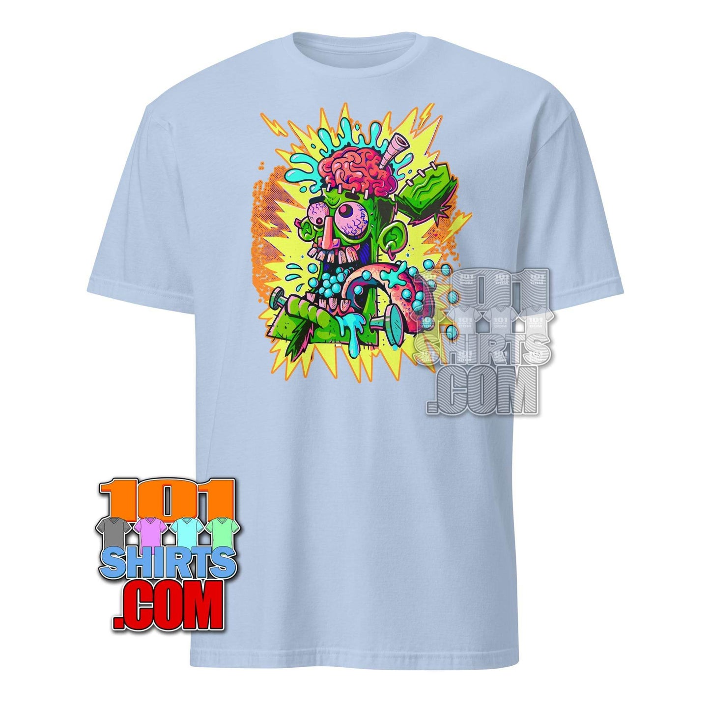 Light blue cheugy meme t-shirt with colorful cartoon brain and skeleton graphic by 101SHIRTS