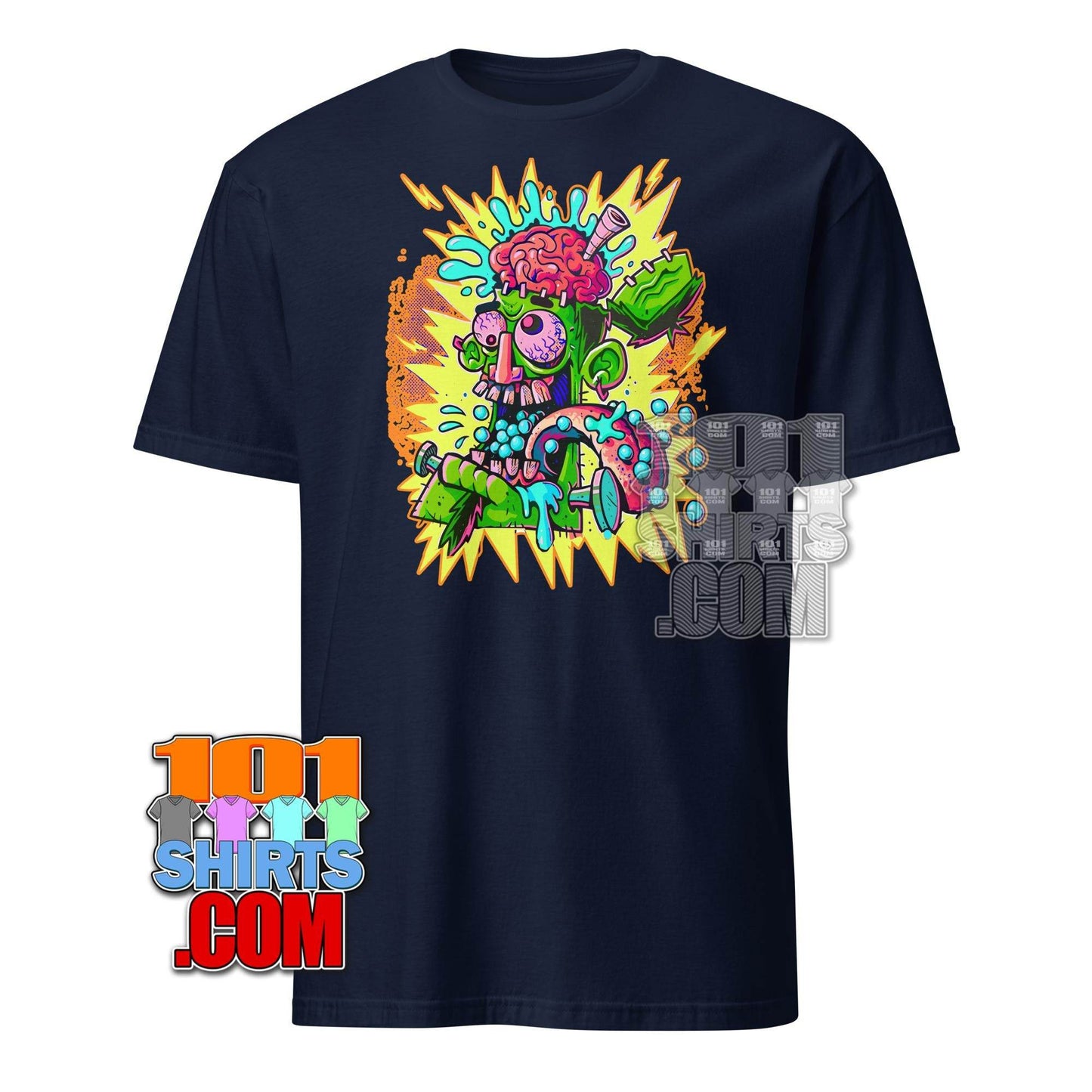 101SHIRTS navy cheugy meme t-shirt featuring a colorful zombie brain explosion graphic