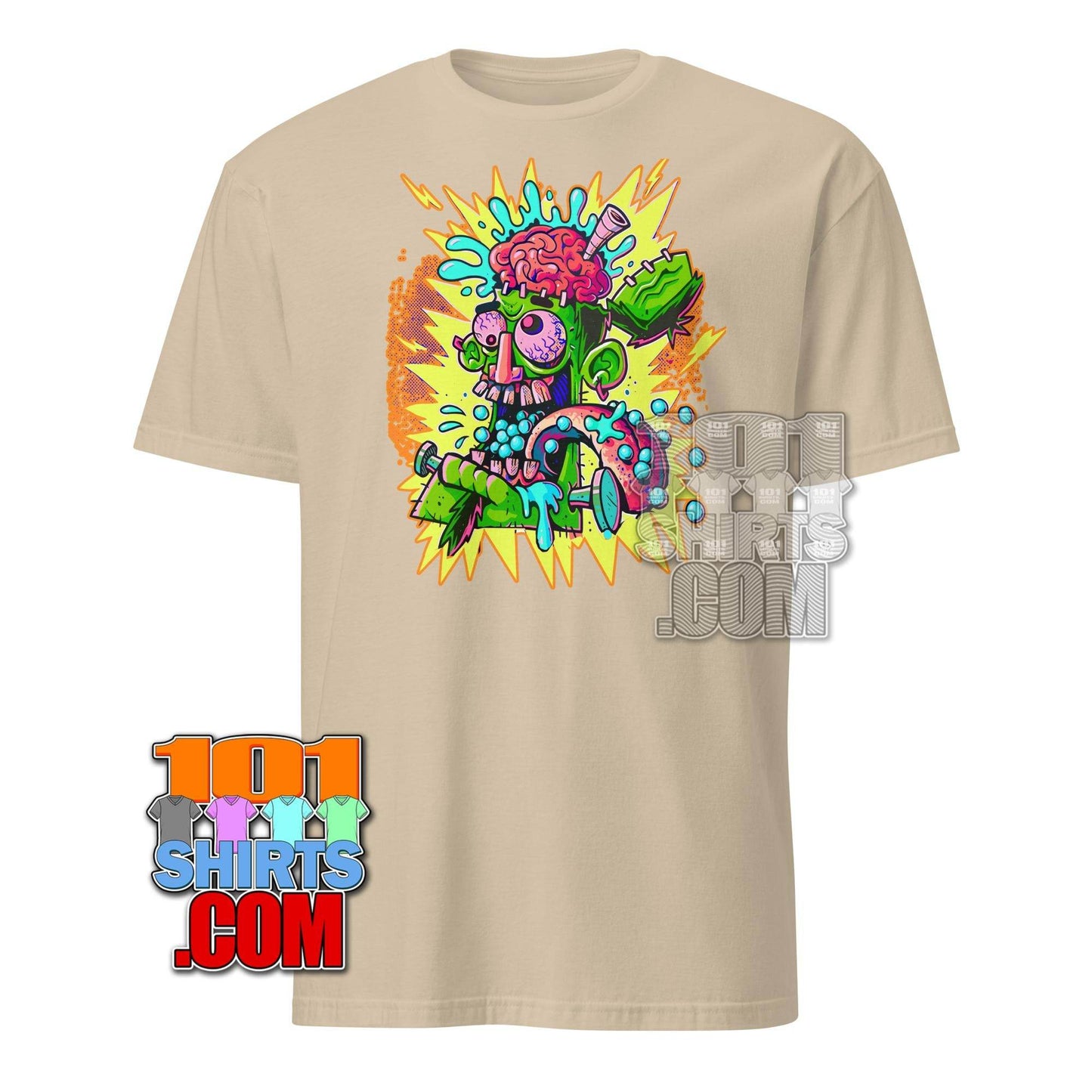 Beige cheugy meme t-shirt with colorful, cartoonish brain and eye graphic from 101SHIRTS
