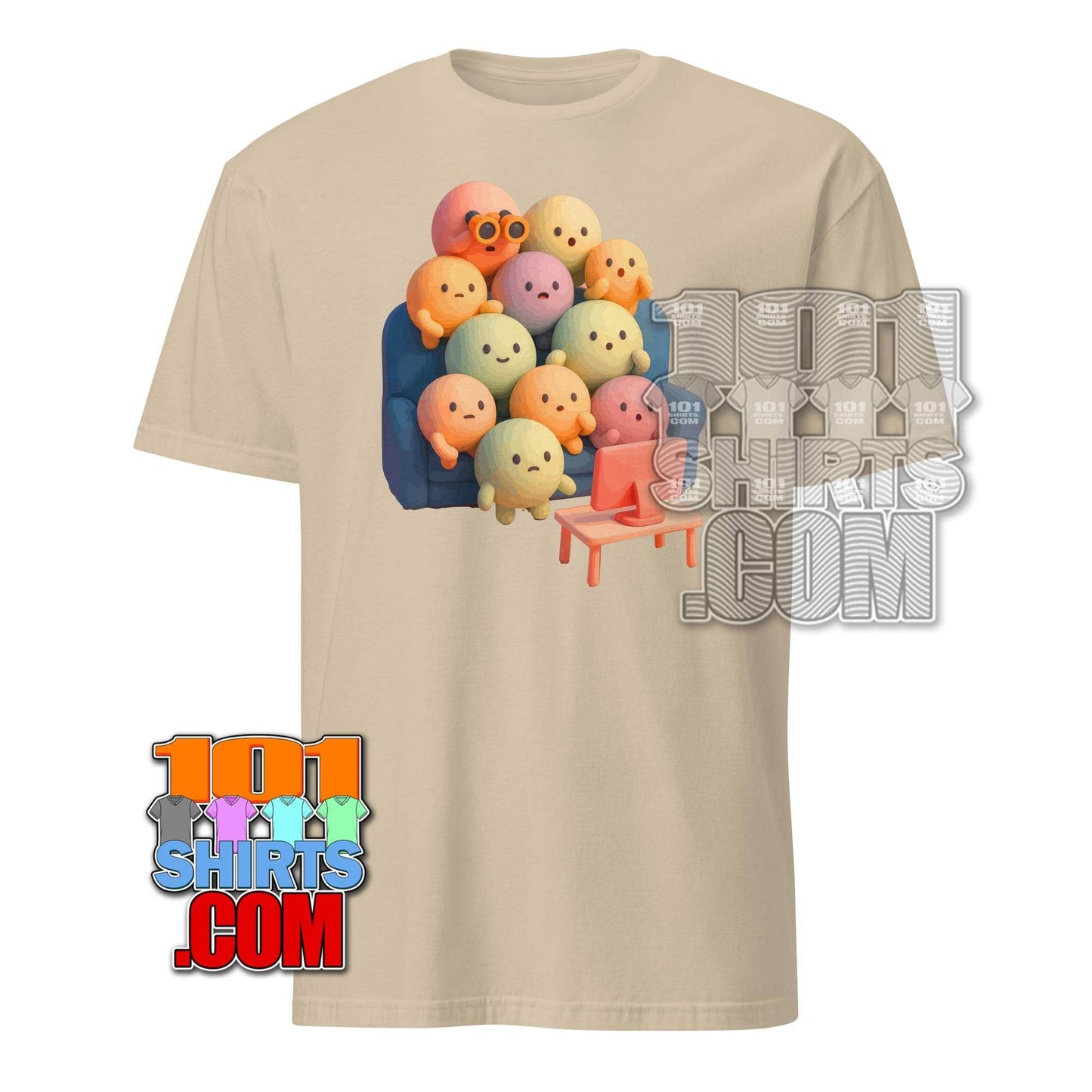 Beige kawaii character t-shirt from 101SHIRTS featuring cute pastel creatures watching TV on a blue couch
