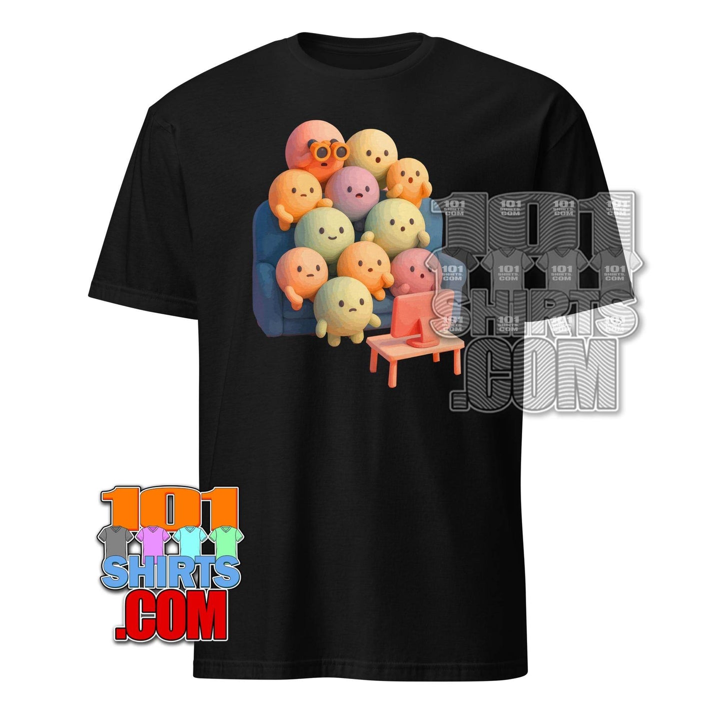 Black kawaii character t-shirt featuring colorful cute round characters watching TV from 101SHIRTS
