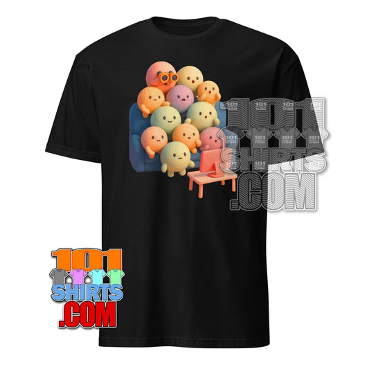 Black kawaii character t-shirt featuring colorful cute round characters watching TV from 101SHIRTS