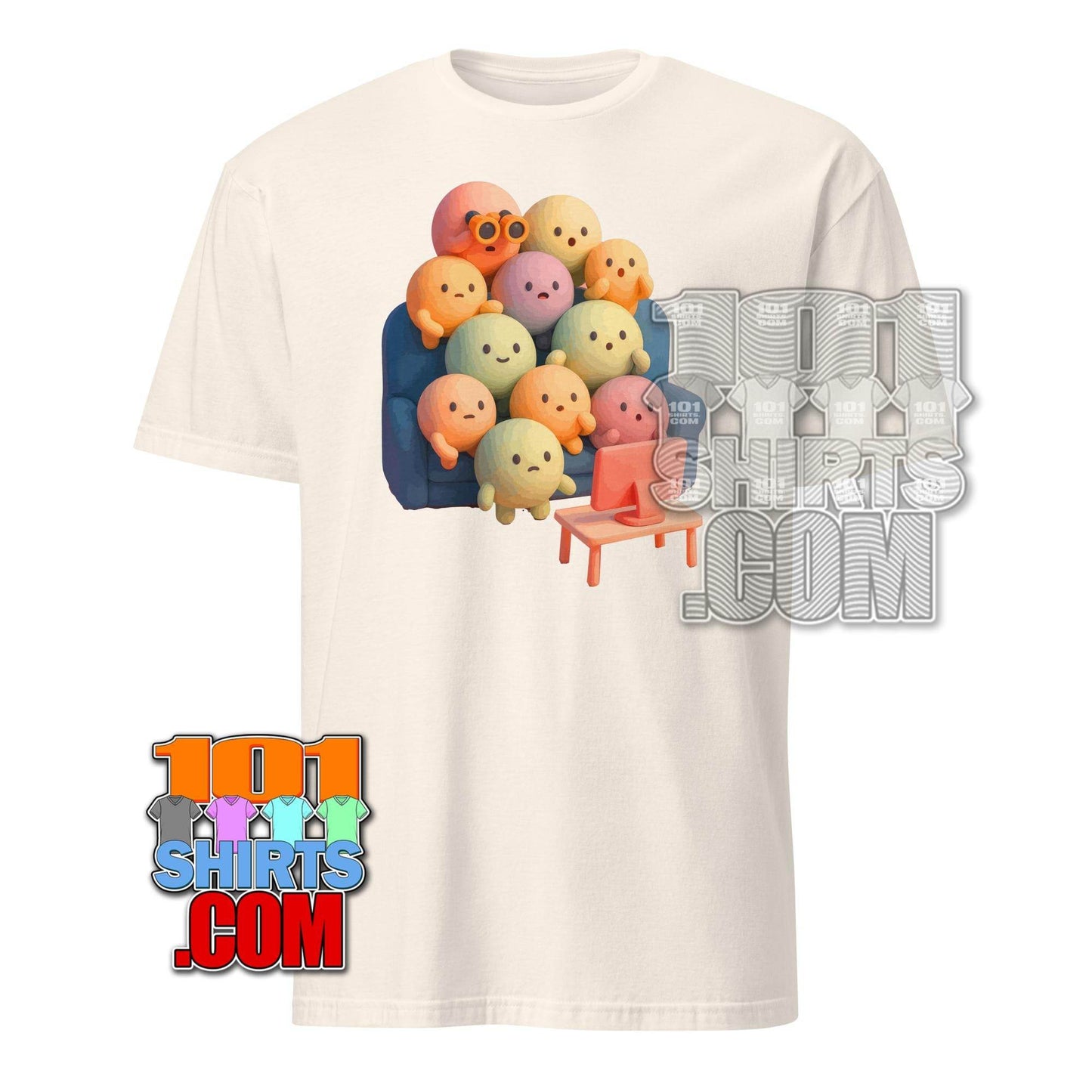 101SHIRTS kawaii character t-shirt with cute colorful cartoon characters sitting on a couch