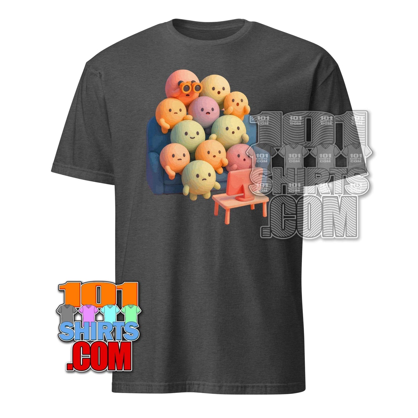 Dark gray kawaii character t-shirt with colorful cute round characters sitting on a couch watching TV