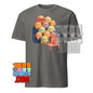 Gray kawaii character t-shirt featuring cute colorful round characters sitting on a couch and watching TV