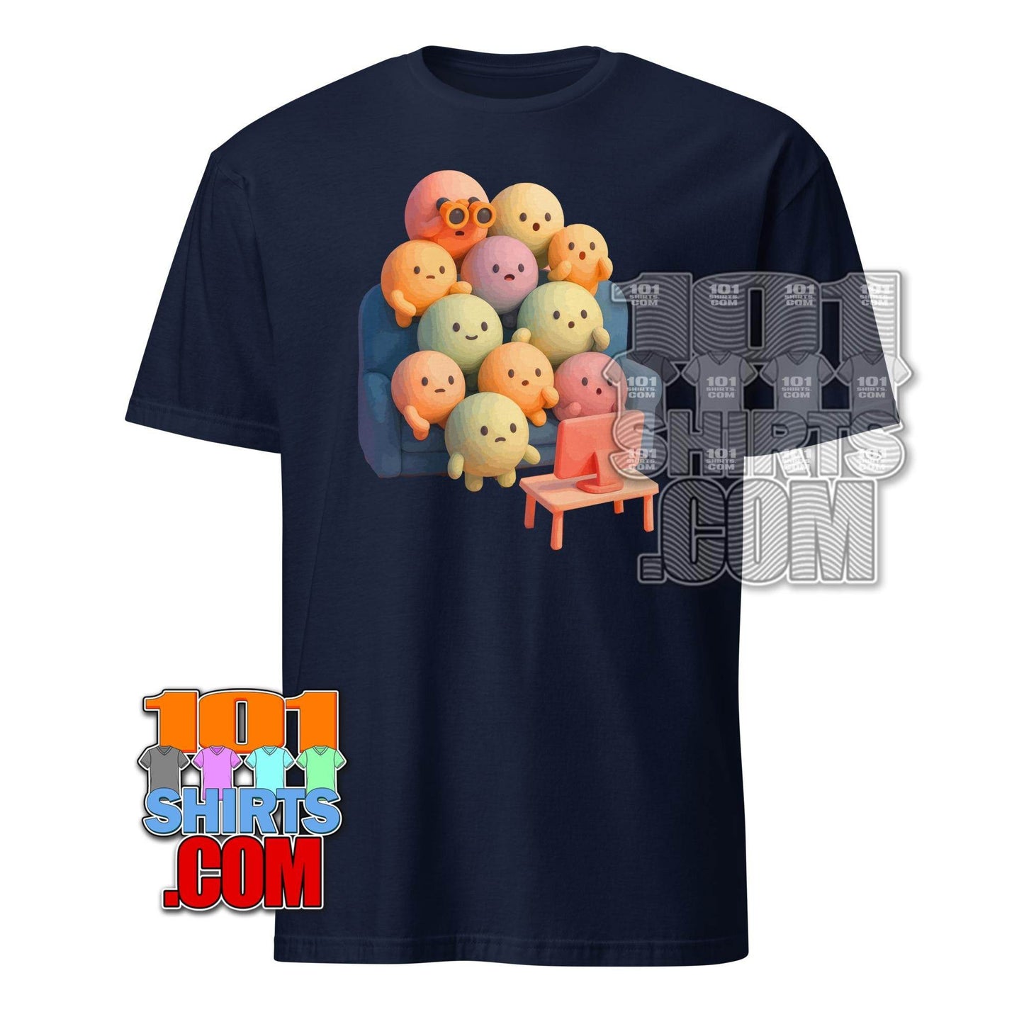 101SHIRTS kawaii character t-shirt with colorful cute round characters sitting on a couch watching TV