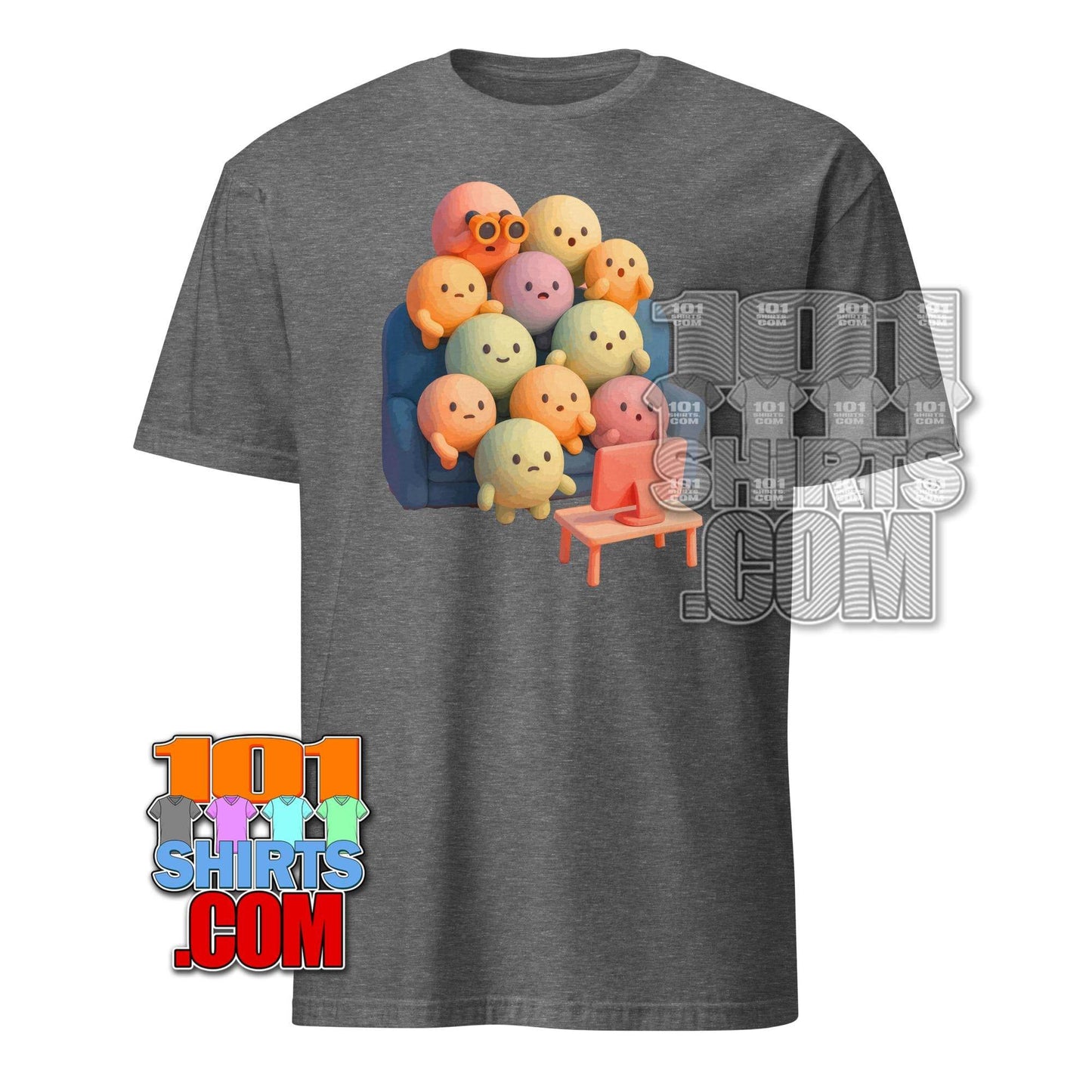 Gray kawaii character t-shirt featuring cute colorful creatures watching TV on couch