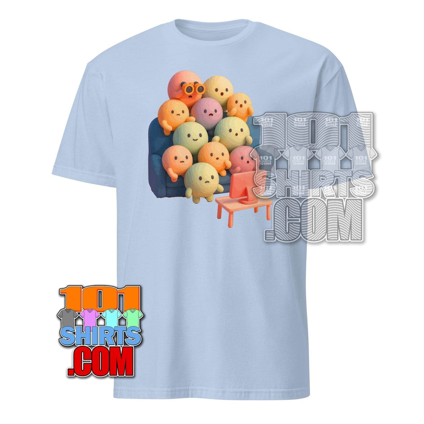 Light blue kawaii character t-shirt featuring cute round colorful characters on a couch watching TV