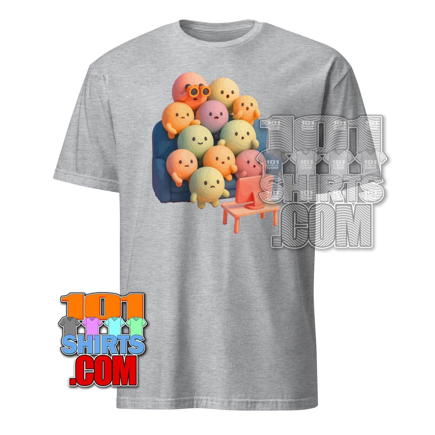 Gray kawaii character t-shirt featuring colorful cute round characters sitting on a couch watching TV
