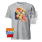 Gray kawaii character t-shirt featuring colorful cute round characters sitting on a couch watching TV