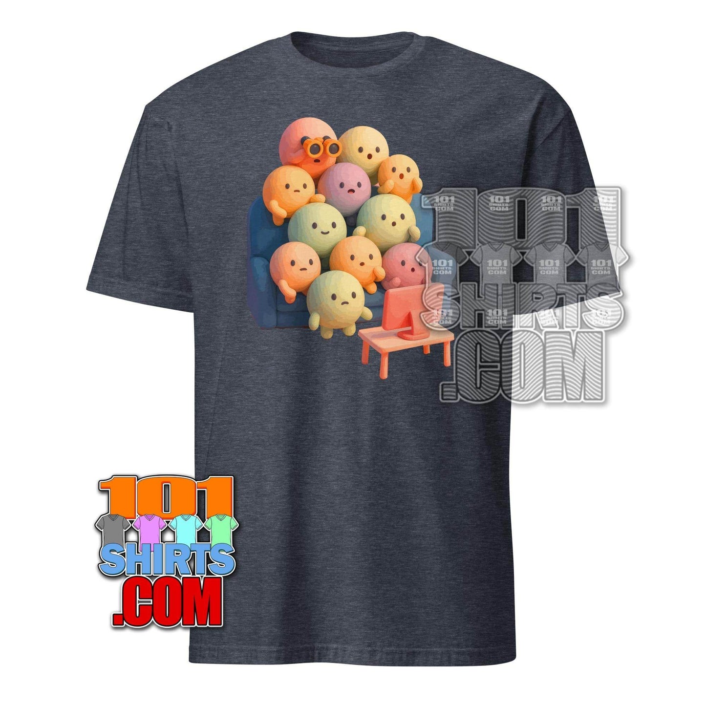 101SHIRTS kawaii character t-shirt with colorful cute cartoon characters sitting on couch and watching TV