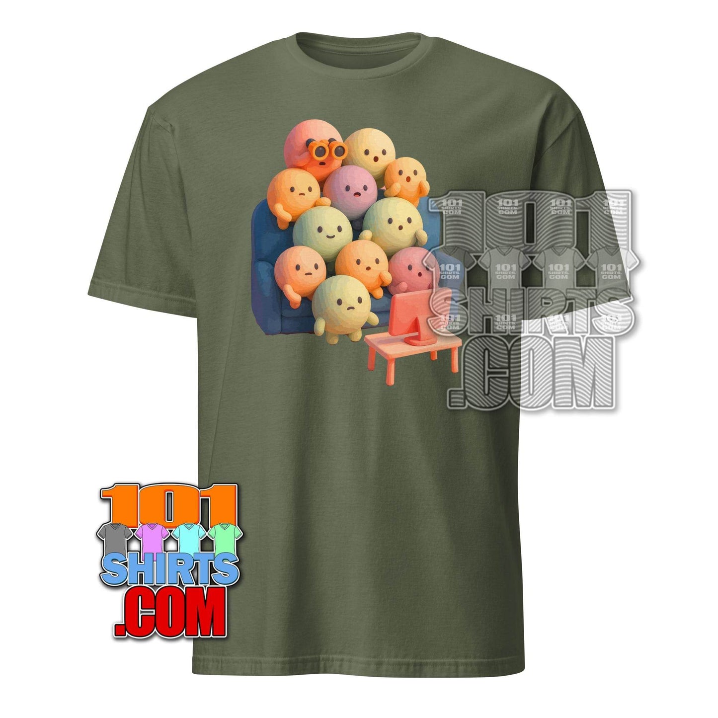 101SHIRTS kawaii character t-shirt with cute pastel cartoon creatures sitting on a couch and watching TV