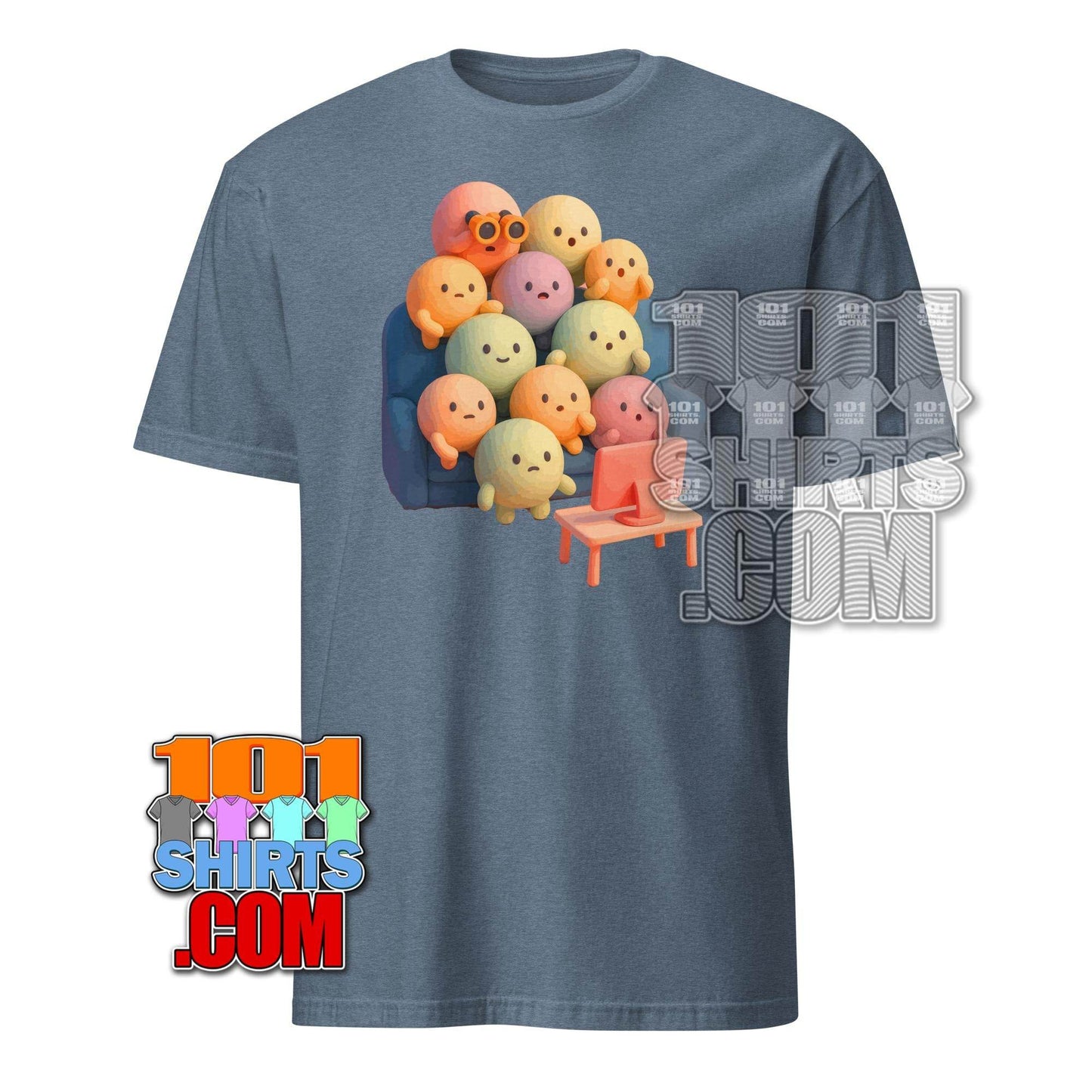 101SHIRTS kawaii character t-shirt with colorful cute cartoon characters sitting and watching TV on blue fabric