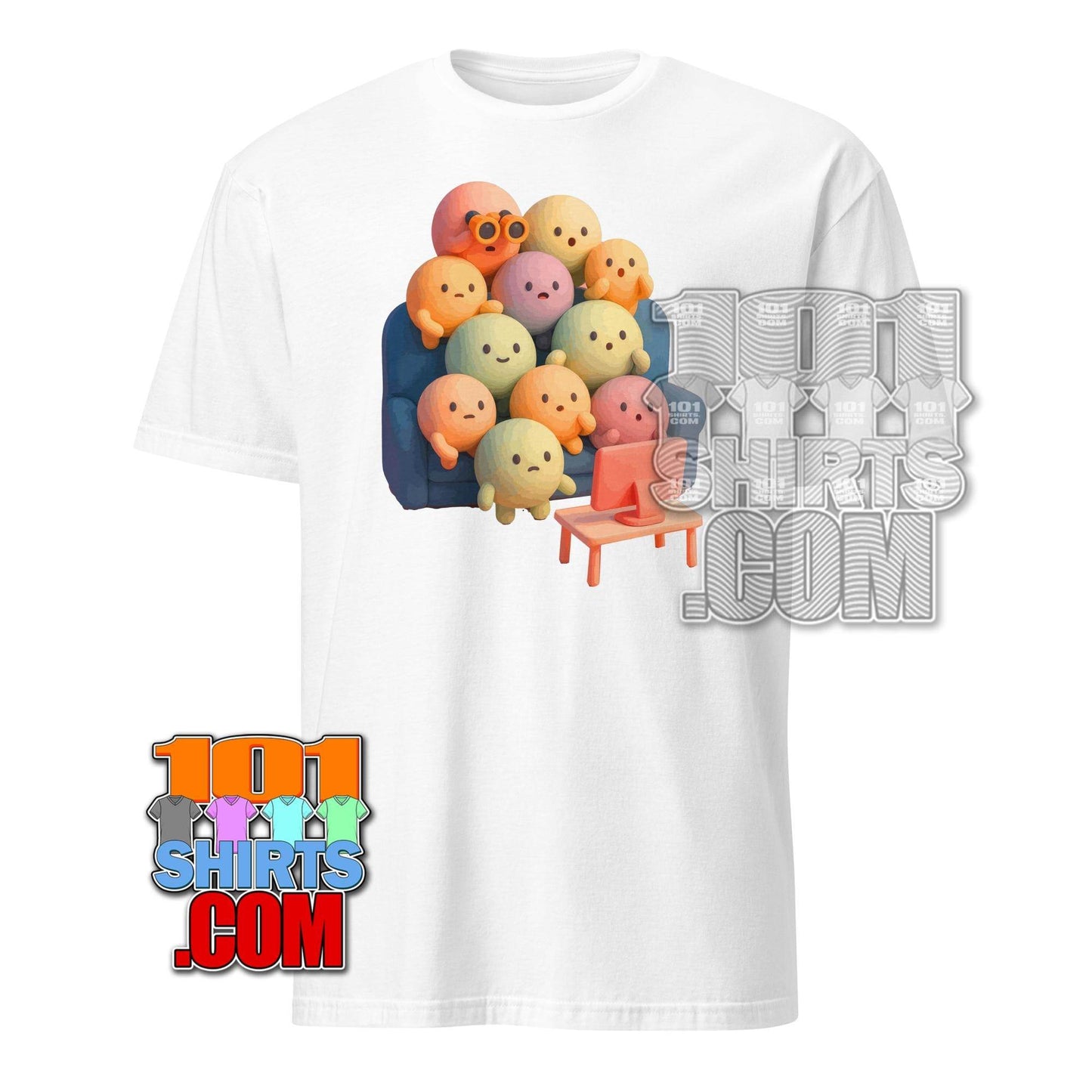 White 101SHIRTS kawaii character t-shirt featuring colorful cute characters watching TV on couch