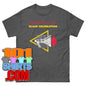 Depeche Mode Black Celebration t-shirt with yellow and red graphic design by 101SHIRTS on dark gray fabric