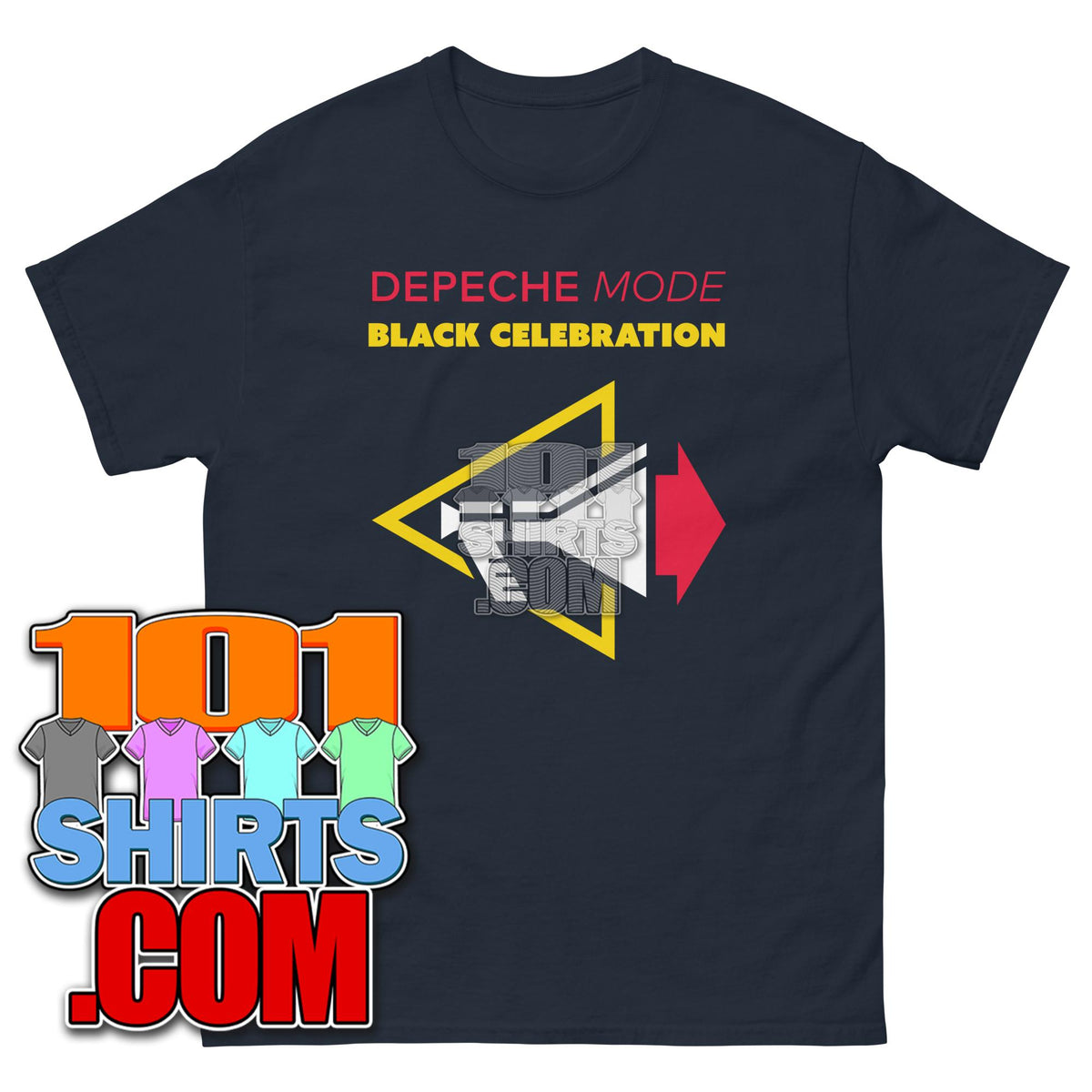 Depeche Mode Black Celebration t-shirt in black with yellow and red graphic design by 101SHIRTS
