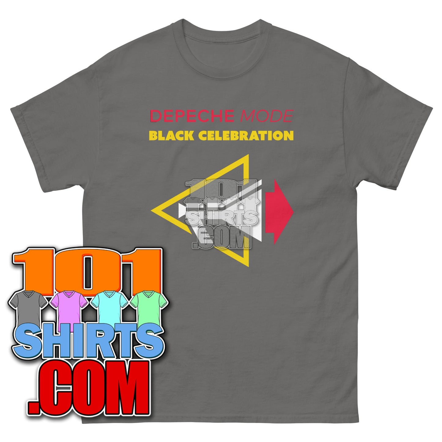 Depeche Mode Black Celebration t-shirt in gray with red and yellow graphic print from 101SHIRTS