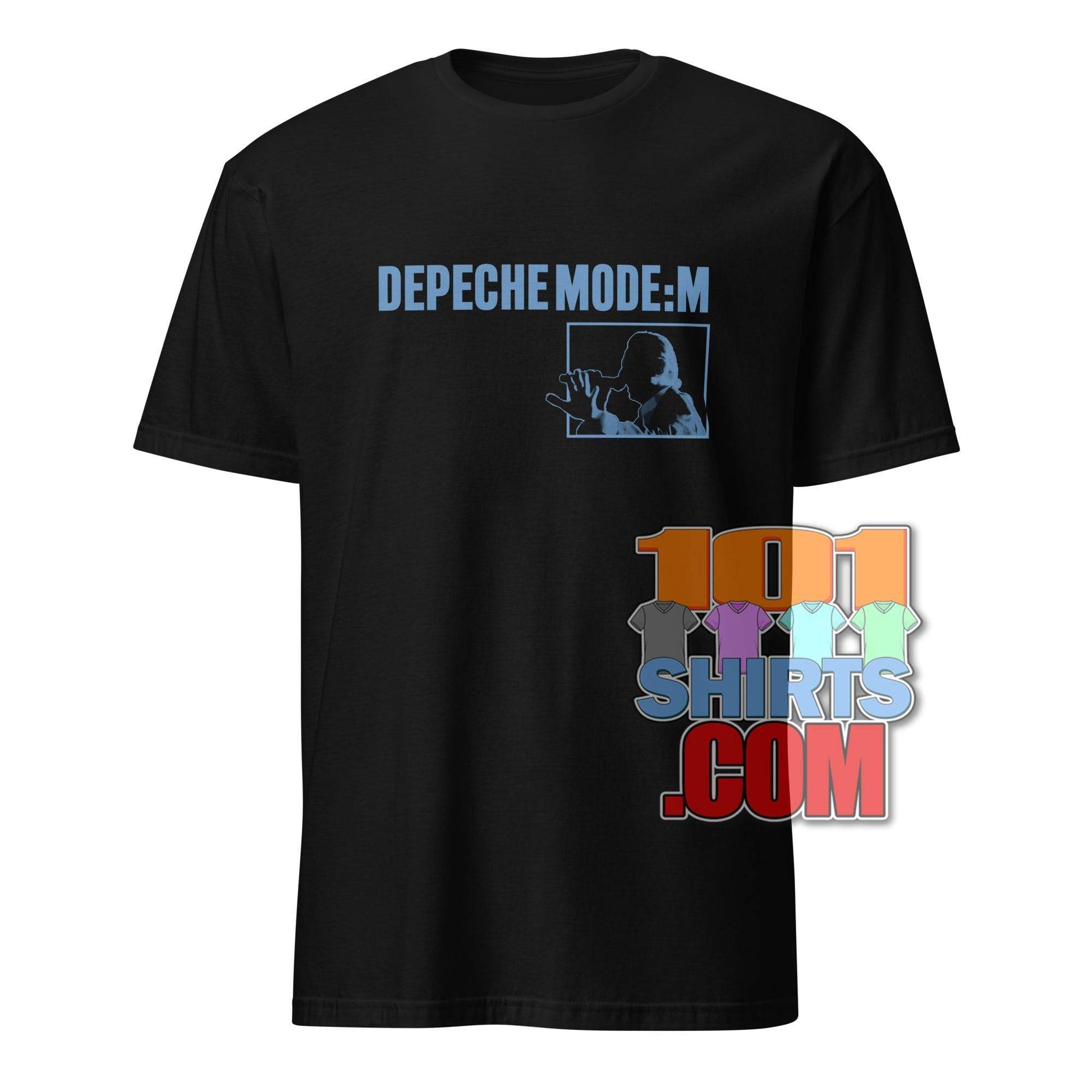 Black Depeche Mode M Concert t-shirt featuring blue graphic and text from 101SHIRTS