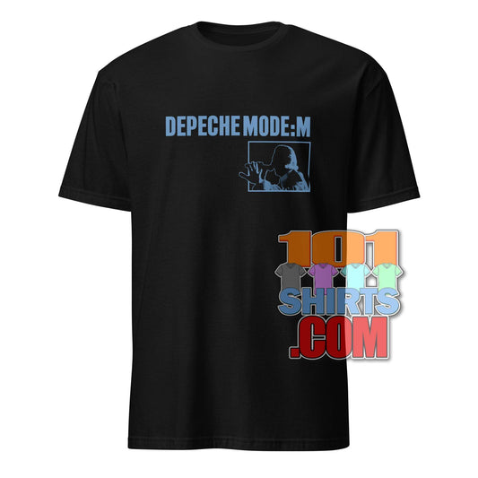 Black Depeche Mode M Concert t-shirt featuring blue graphic and text from 101SHIRTS