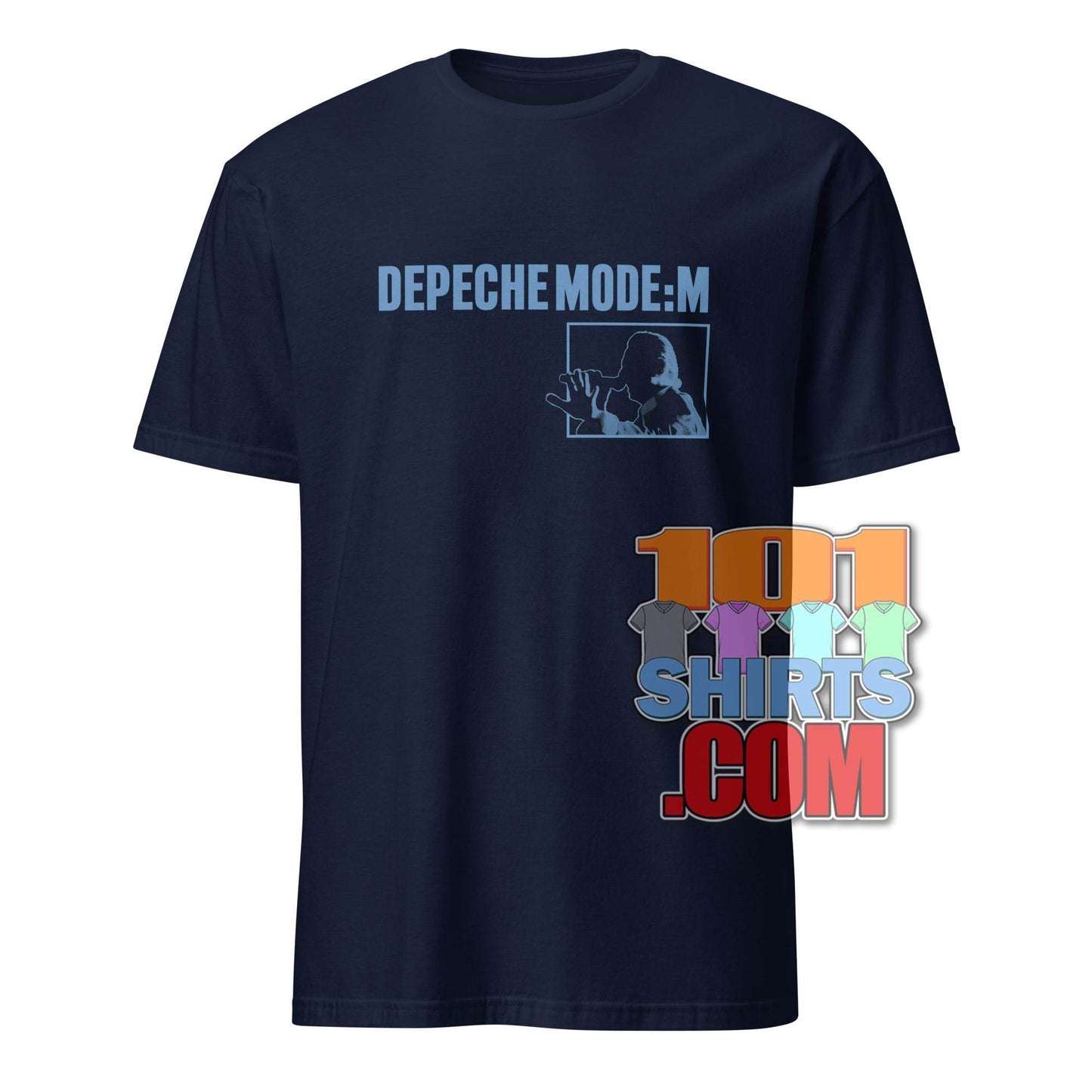 Navy blue Depeche Mode M Concert t-shirt with light blue graphic design and logo by 101SHIRTS