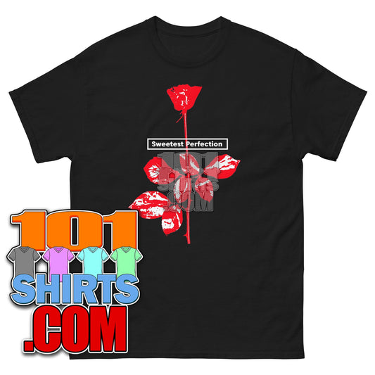 Black t-shirt with red rose graphic and Sweetest Perfection text featuring Depeche Mode Violator rose shirt