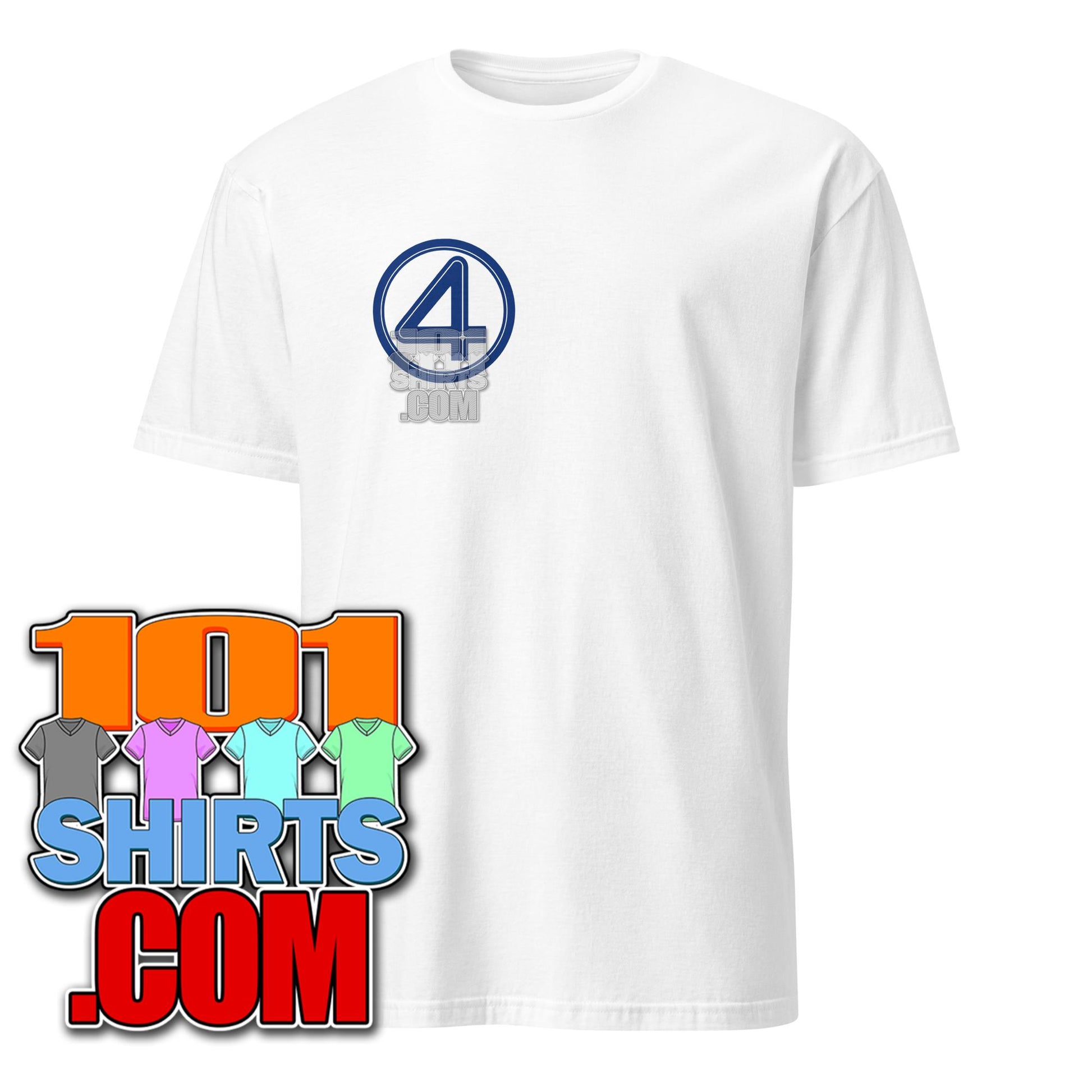 White Fantastic Four logo t-shirt with blue number 4 emblem by 101SHIRTS
