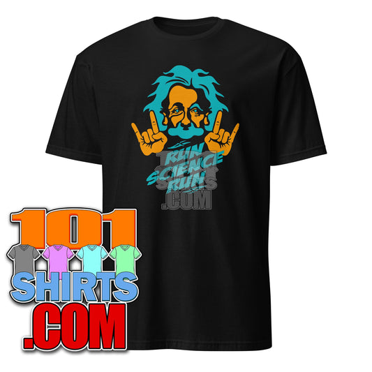 101SHIRTS black funny Einstein t-shirt with colorful cartoon design and hand gesture