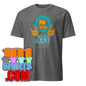 Funny Einstein t-shirt with colorful cartoon Albert Einstein making rock hand signs on gray fabric