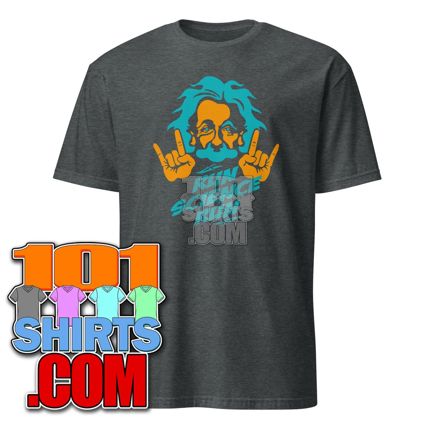 Dark gray funny Einstein t-shirt by 101SHIRTS featuring colorful cartoon Einstein making rock hand signs