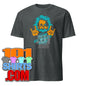 Dark gray funny Einstein t-shirt by 101SHIRTS featuring colorful cartoon Einstein making rock hand signs