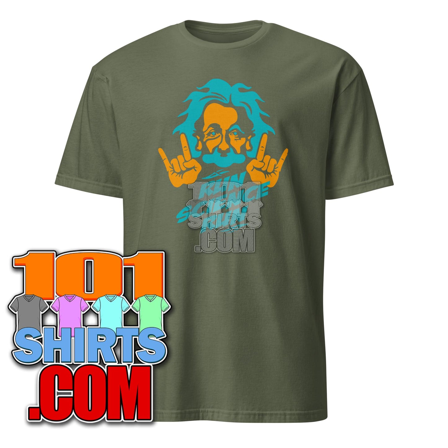 Funny Einstein t-shirt in olive green with colorful graphic design and playful expression
