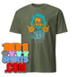 Funny Einstein t-shirt in olive green with colorful graphic design and playful expression