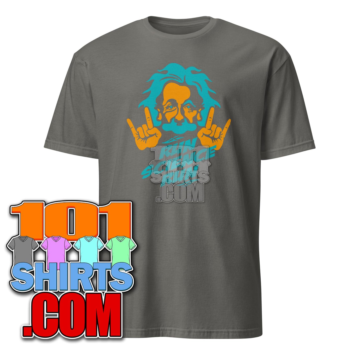 Gray funny Einstein t-shirt with colorful cartoon graphic and hand signs by 101SHIRTS