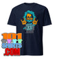101SHIRTS funny Einstein t-shirt in navy blue with colorful cartoon graphic of Einstein making rock hand signs