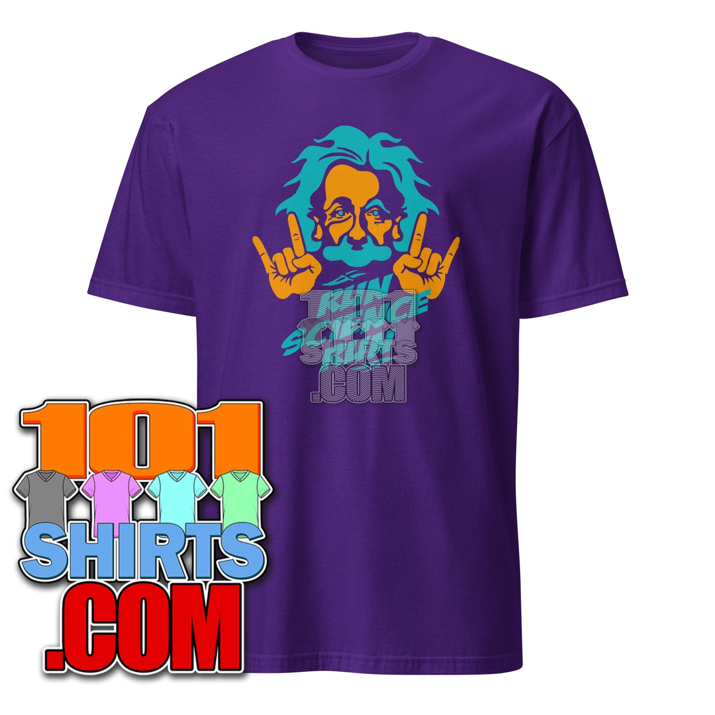 Purple 101SHIRTS funny Einstein t-shirt with colorful cartoon graphic and rock hand gesture
